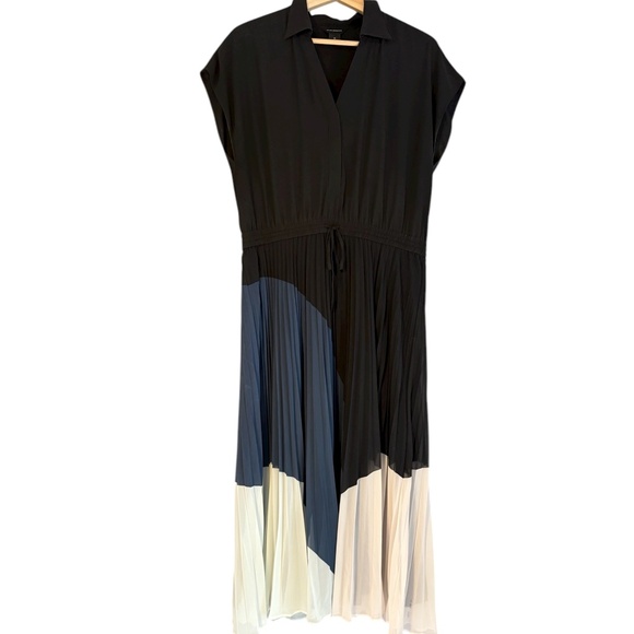 Club Monaco Colorblock Pleated Midi Dress | Black/Navy/Cream | Size 12 - Picture 2 of 5
